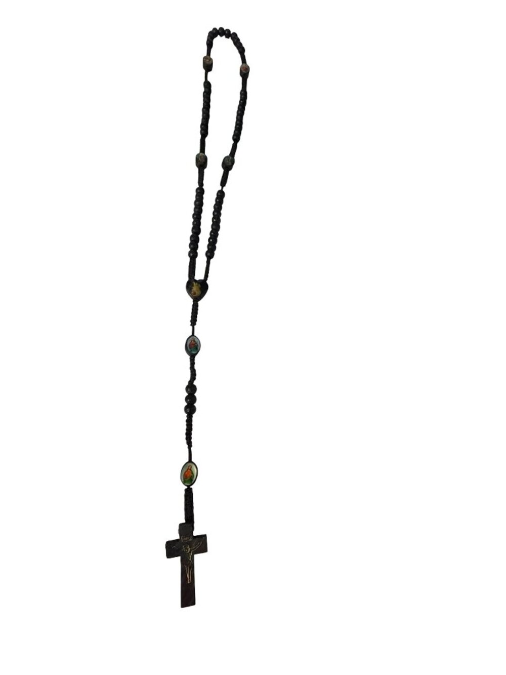 Vintage Catholic Devotional Rosary Black Wood Beads Sacred Heart Crucifix Religi